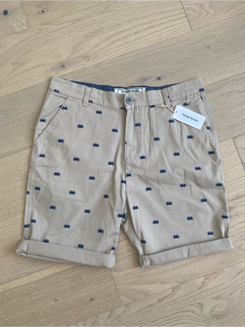 Tuckernuck Beige Flat-Front Shorts with Navy Crab Embroidery